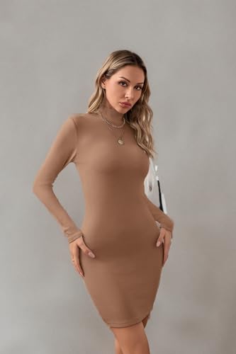 VICHYIE Women Dress Mock Neck Bodycon Ribbed Long Sleeve Fall Mini Khaki L