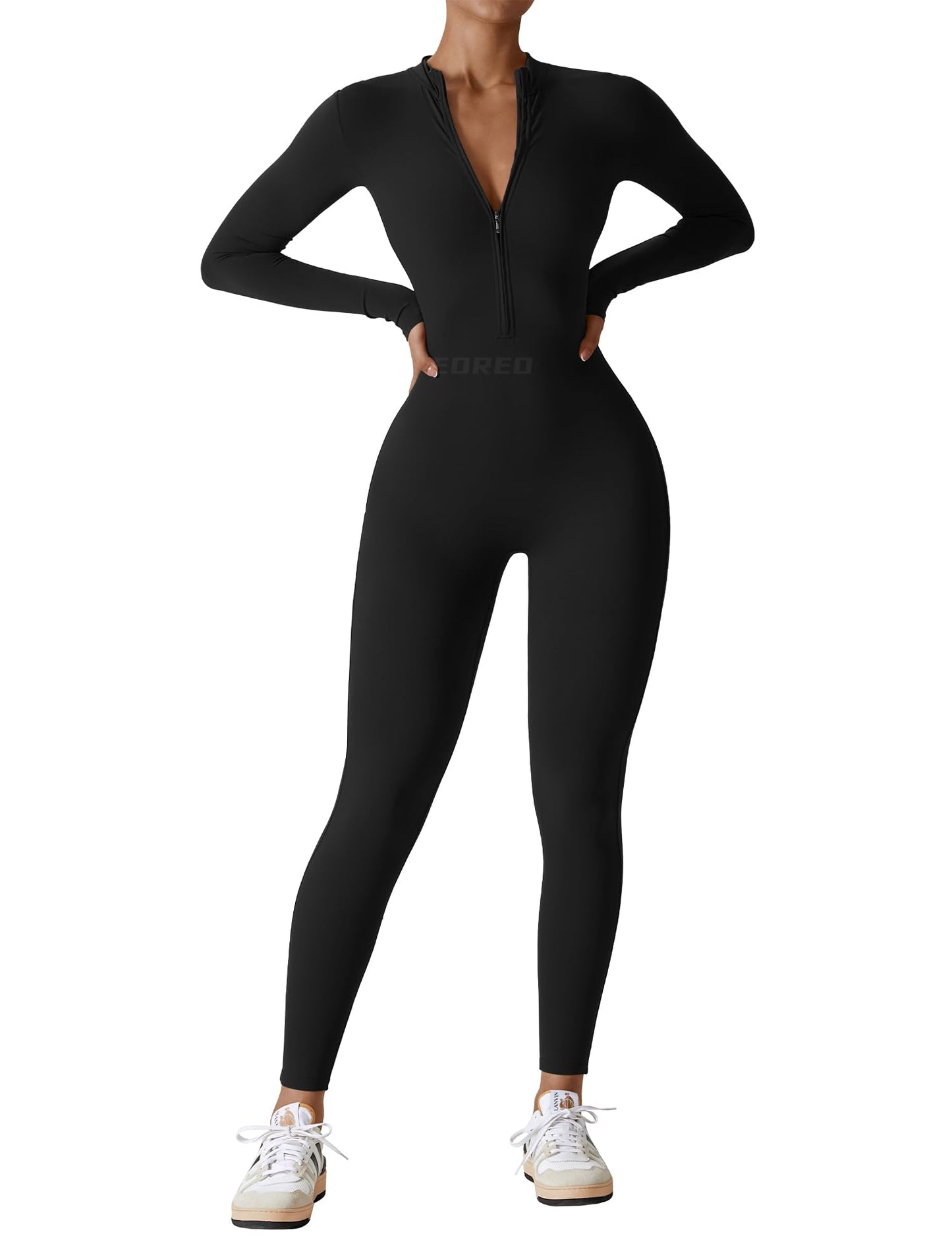 YEOREO Women Workout Jumpsuit Zip Up Long Sleeve Romper Bottom Pants Bodysuit Bodycon Sexy One Piece Black M