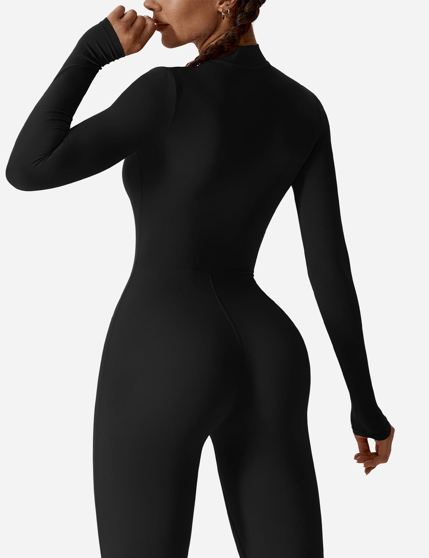 YEOREO Women Workout Jumpsuit Zip Up Long Sleeve Romper Bottom Pants Bodysuit Bodycon Sexy One Piece Black M