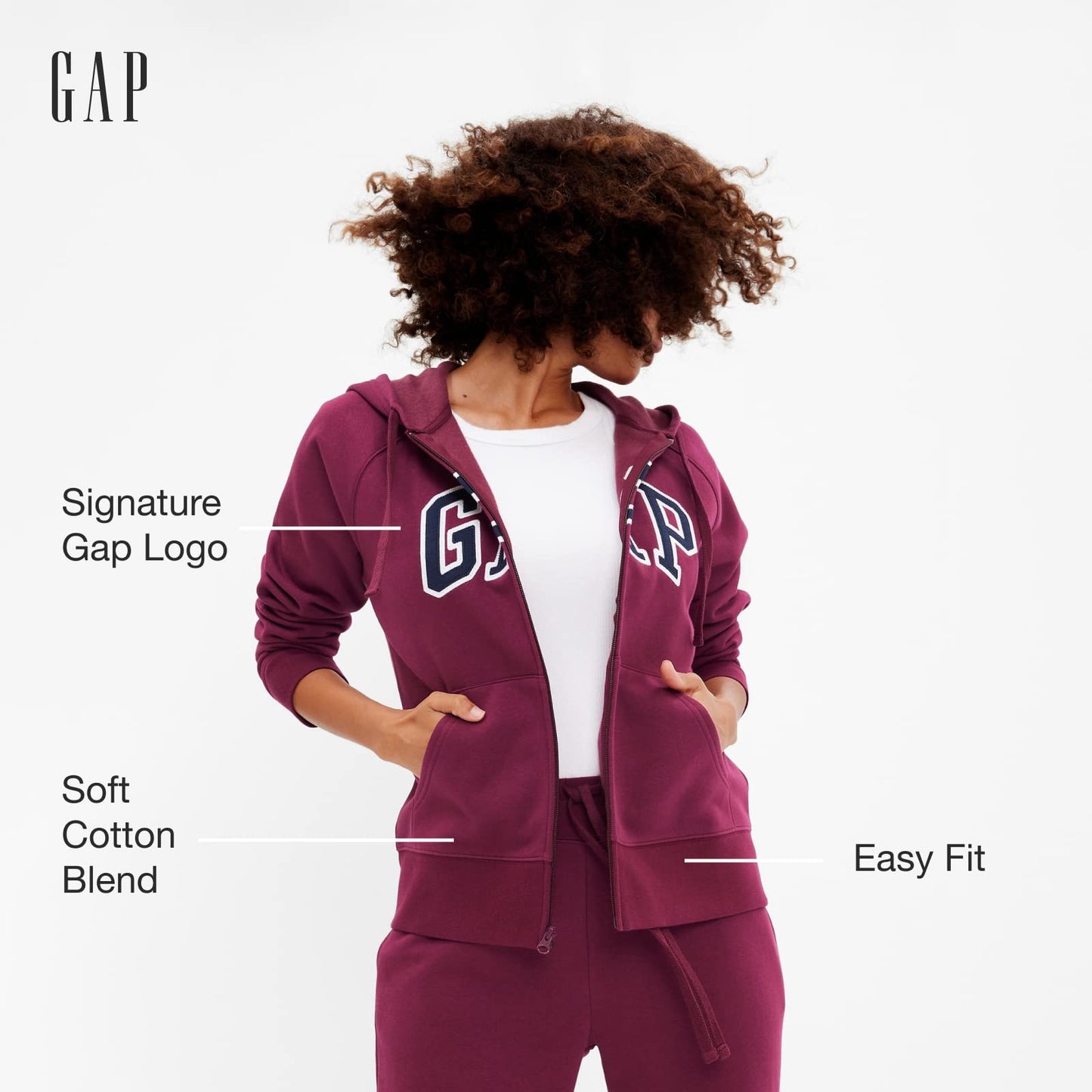 GAP Womens Logo Hoodie Hooded Full Zip Sweatshirt, True Black V2, Medium