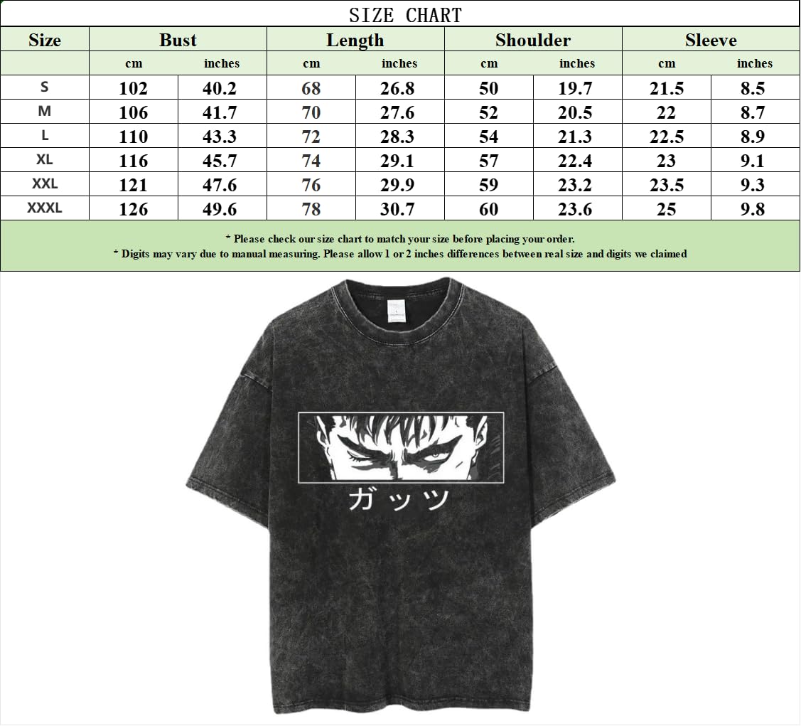 Mens Y2K 90s Berserk Shirt Vintage Shirts Animation Printed Streetwear Y2k Harajuku Summer Casual Tees Grunge Clothes, Black 2, Large