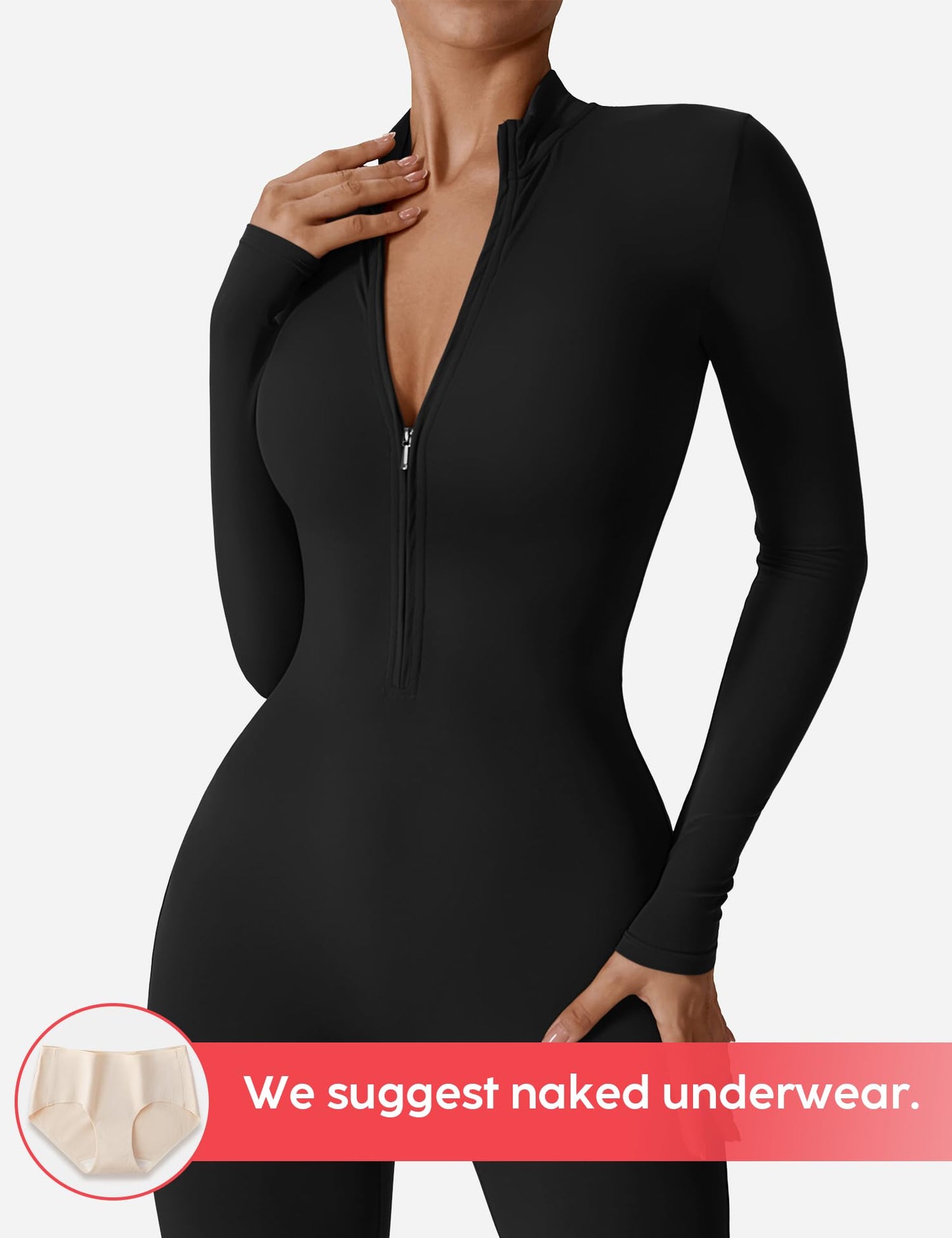 YEOREO Women Workout Jumpsuit Zip Up Long Sleeve Romper Bottom Pants Bodysuit Bodycon Sexy One Piece Black M