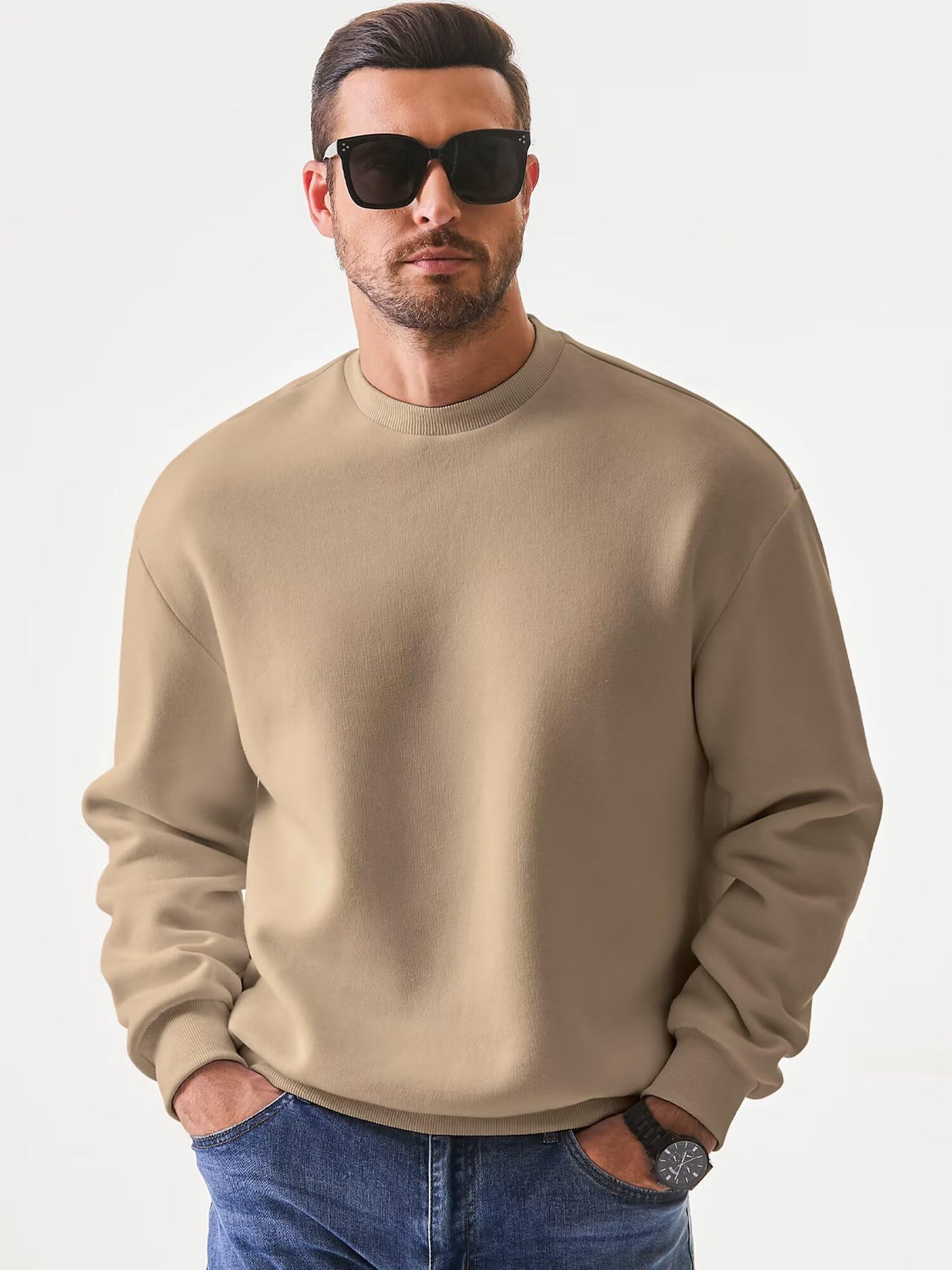 JMIERR Men's Crewneck Sweatshirt Men Casual Early Fall Winter Long Sleeve Warm Athletic Fleece Sport Sweatshirts Loose fit Pullover Solid Color Basic Outdoor Tall Sweat Shirt Camel XXX-Large