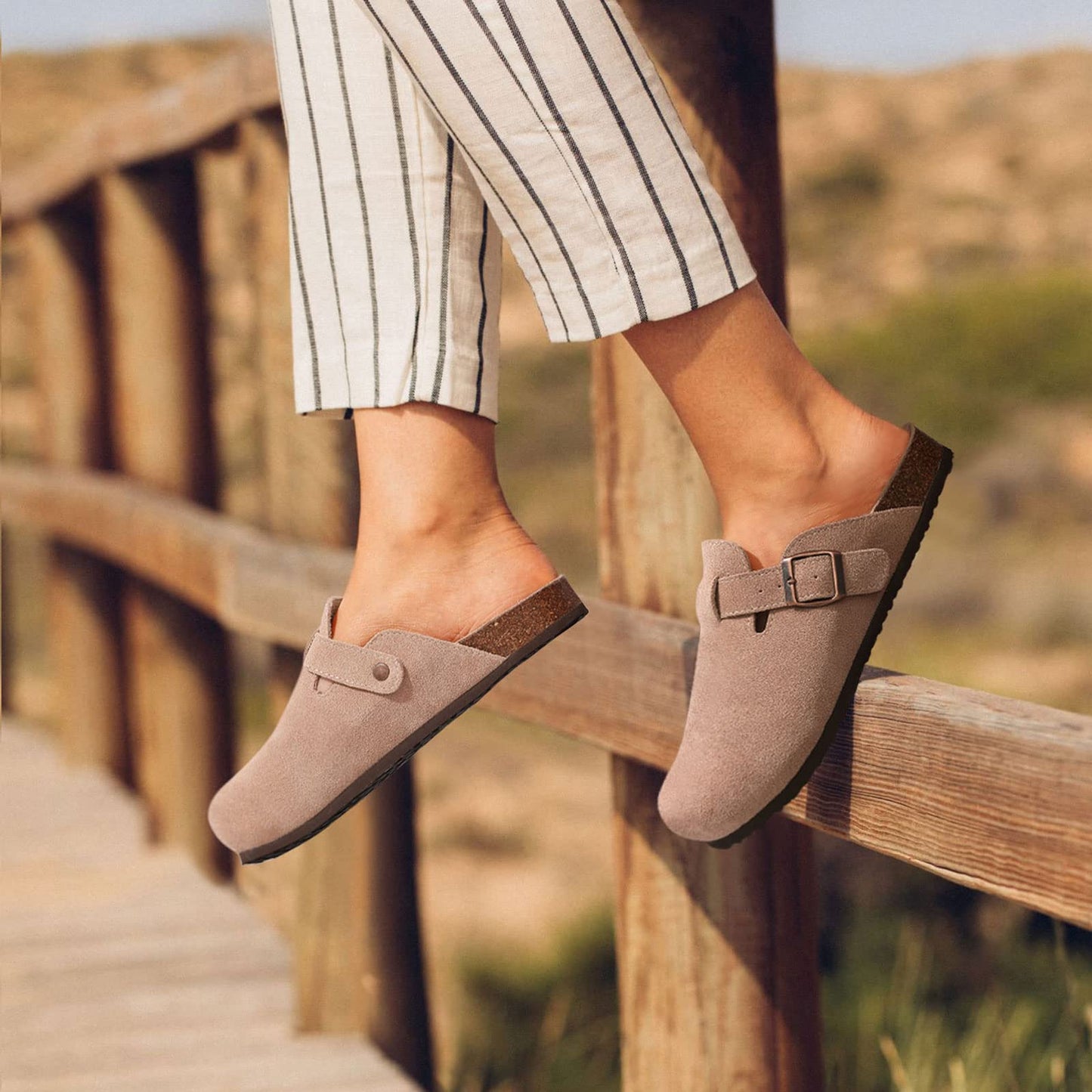 KIDMI Women's Suede Clogs Leather Mules Cork Footbed Sandals Potato Shoes with Arch Support, Taupe 39 (Size 7.5-8)