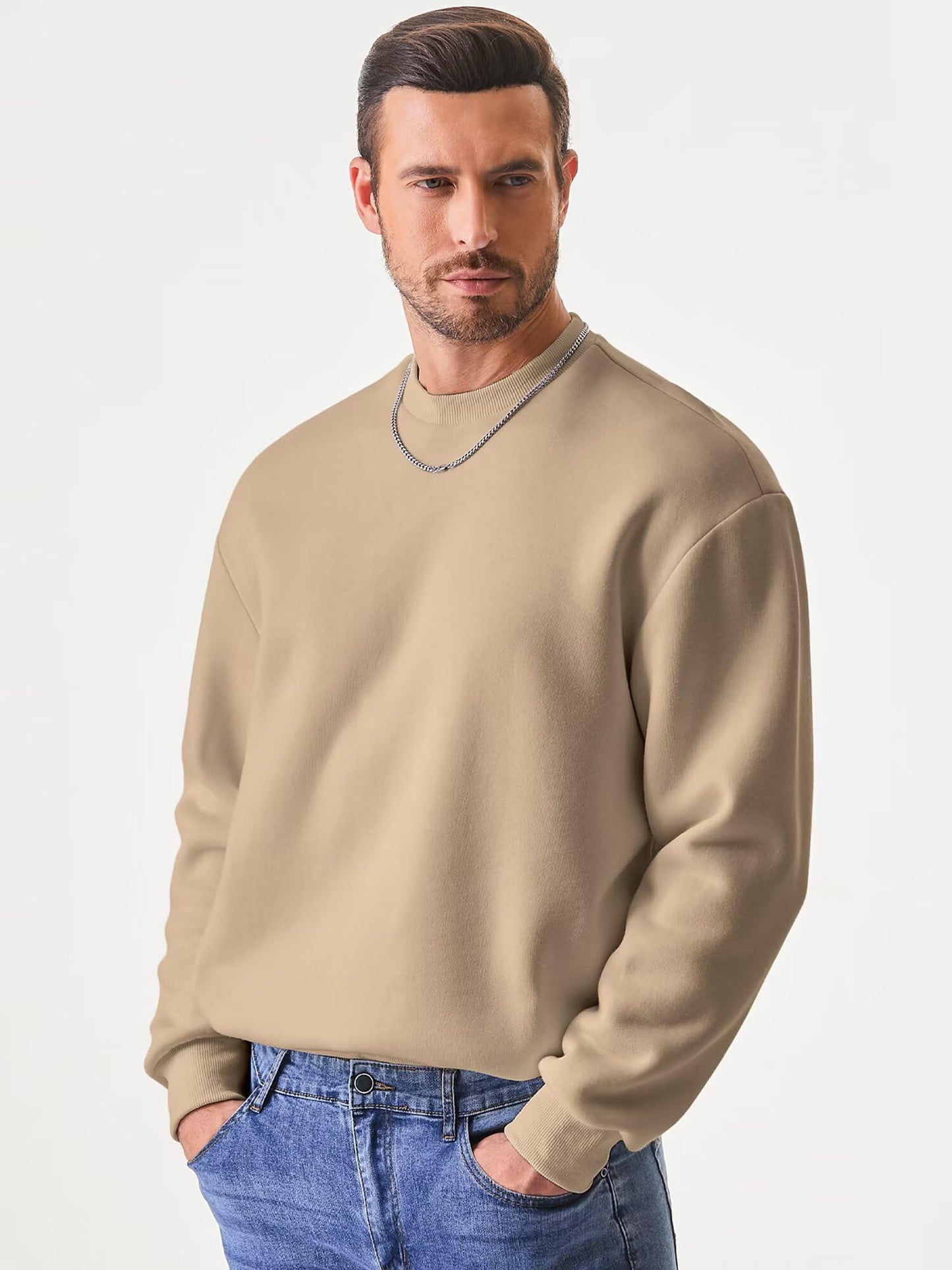 JMIERR Men's Crewneck Sweatshirt Men Casual Early Fall Winter Long Sleeve Warm Athletic Fleece Sport Sweatshirts Loose fit Pullover Solid Color Basic Outdoor Tall Sweat Shirt Camel XXX-Large