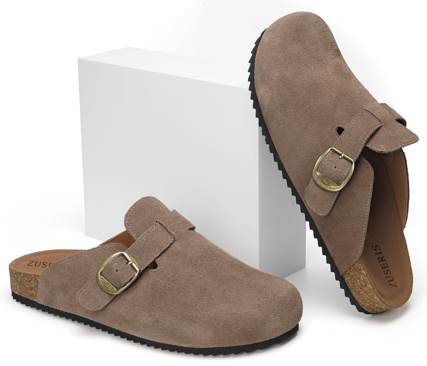 ZUSERIS Womens Mens Suede Leather Clogs Cork Footbed Sandals Arch Support Comfort Mules Soft Potato Shoes with Adjustable Buckle,39 Dark Brown