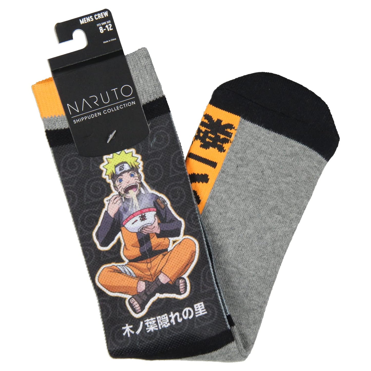 Bioworld Naruto Shippuden Socks Anime Manga Men's Ichiraku Ramen Mid-Calf Athletic Crew Socks, Grey, 10-13