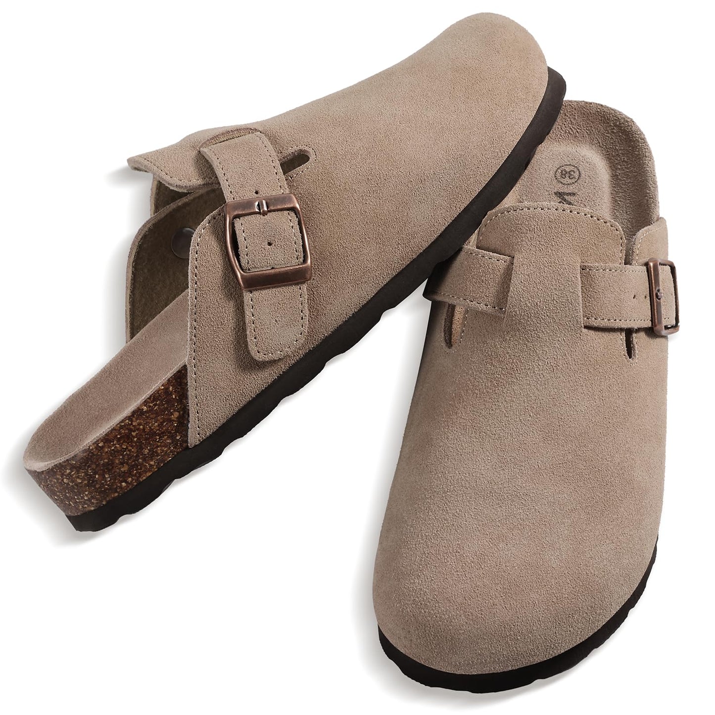 KIDMI Women's Suede Clogs Leather Mules Cork Footbed Sandals Potato Shoes with Arch Support, Taupe 39 (Size 7.5-8)
