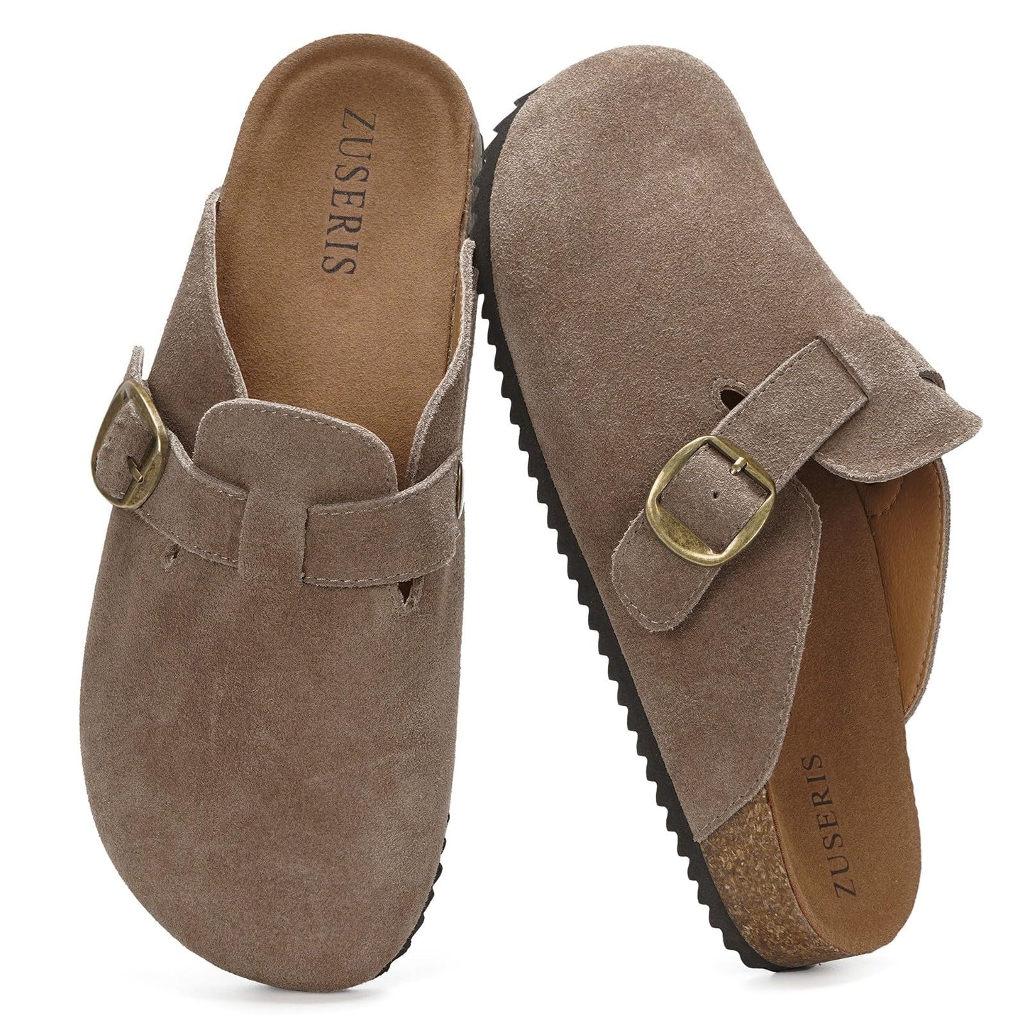 ZUSERIS Womens Mens Suede Leather Clogs Cork Footbed Sandals Arch Support Comfort Mules Soft Potato Shoes with Adjustable Buckle,39 Dark Brown