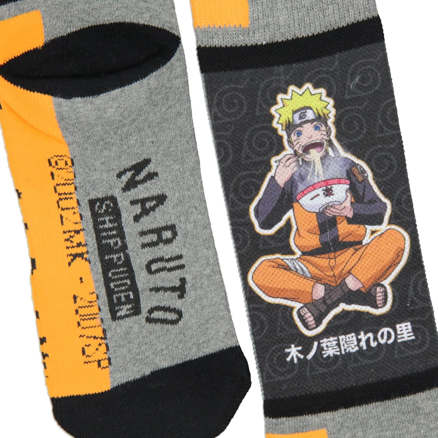 Bioworld Naruto Shippuden Socks Anime Manga Men's Ichiraku Ramen Mid-Calf Athletic Crew Socks, Grey, 10-13
