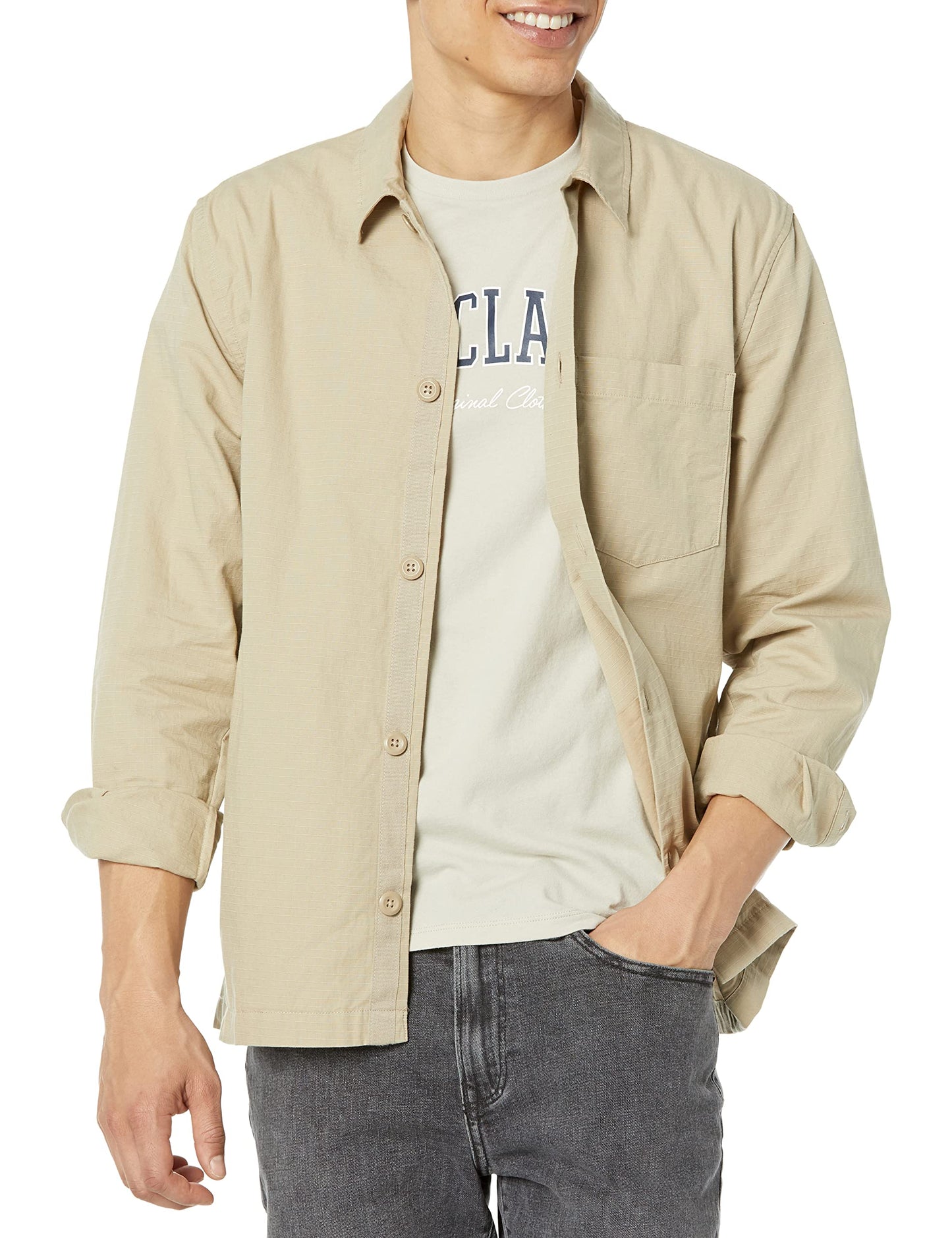 GAP Men's Utility Shirt Jacket Coat, Khaki, X-Small