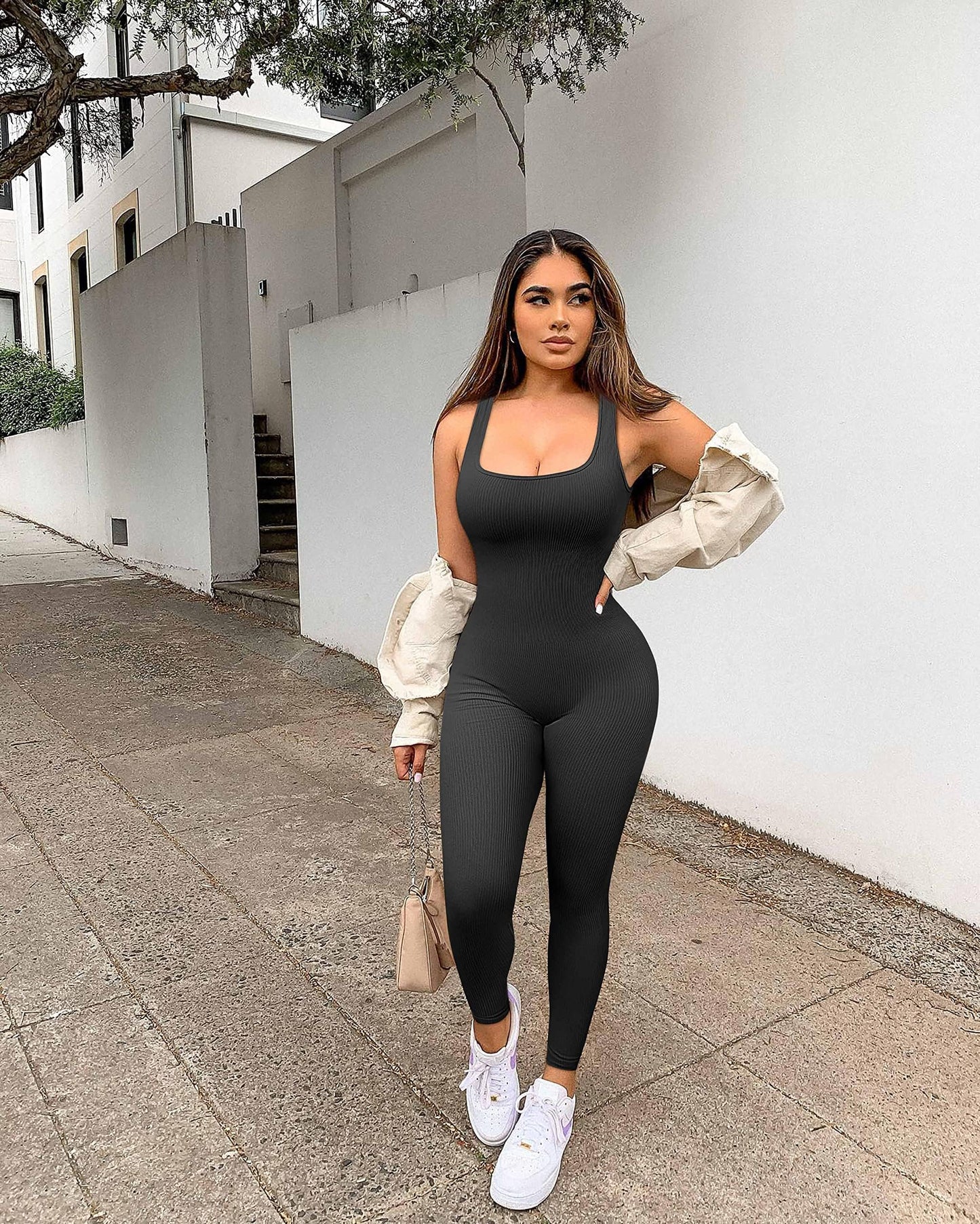 YIOIOIO Women Workout Seamless Jumpsuit Yoga Ribbed Bodycon One Piece Square Neck Leggings Romper