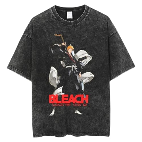 Bleach Anime Ichigo Kenpachi Acid Wash Cotton Short Sleeves T-Shirt Top Stylish Fashion Everyday Wear (CA/US, Alpha, Medium, Regular, Regular, Bleach (2))