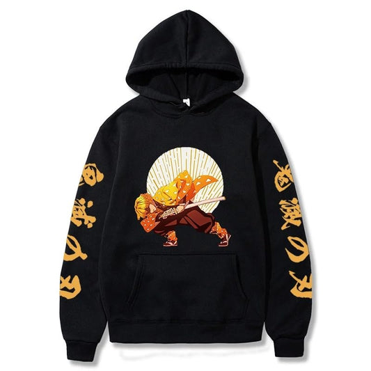 Anime Demon Slayer Hoodies Agatsuma Zenitsu Unisex Sweatshirts Oversized Pullovers Plus Size Cozy Streetwear (Black,S)