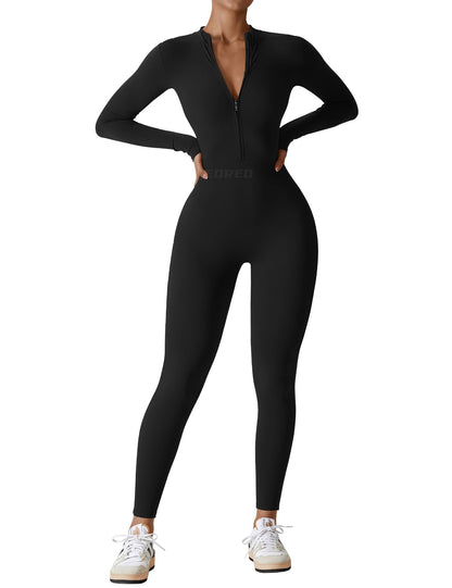 YEOREO Women Workout Jumpsuit Zip Up Long Sleeve Romper Bottom Pants Bodysuit Bodycon Sexy One Piece Black M