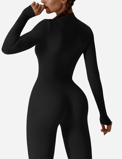 YEOREO Women Workout Jumpsuit Zip Up Long Sleeve Romper Bottom Pants Bodysuit Bodycon Sexy One Piece Black M
