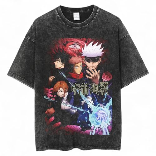 Jujutsu Anime Sorcerer Gojo Fashion Graphic Print Loose Fit Acid Wash Casual Cotton T-Shirt (CA/US, Alpha, Small, Regular, Regular, JJK)