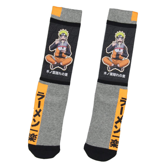 Bioworld Naruto Shippuden Socks Anime Manga Men's Ichiraku Ramen Mid-Calf Athletic Crew Socks, Grey, 10-13