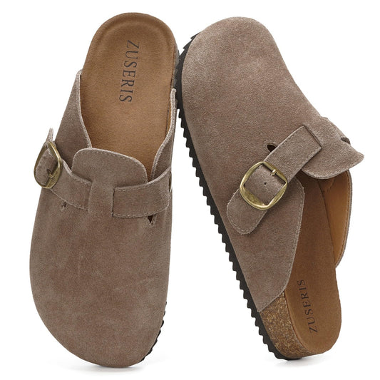 ZUSERIS Womens Mens Suede Leather Clogs Cork Footbed Sandals Arch Support Comfort Mules Soft Potato Shoes with Adjustable Buckle,39 Dark Brown
